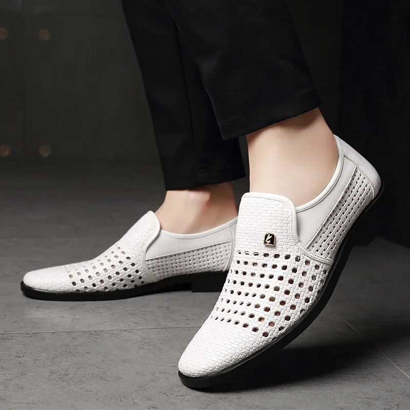 Perforated Shoes Men Leather Sandals Summer Leather Sandals Men Perforated Shoes Hollow White Business Formal Casual Shoes