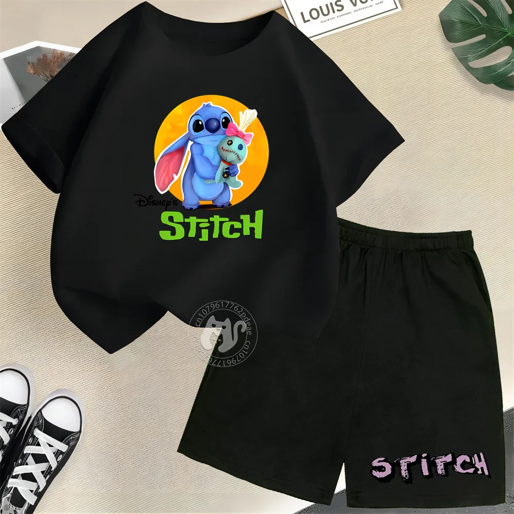 

Disney Kids Stitch & Little Cartoon Print 100% Cotton Teen Crewneck T-shirt/Shorts Boys Girls Summer Casual sports set