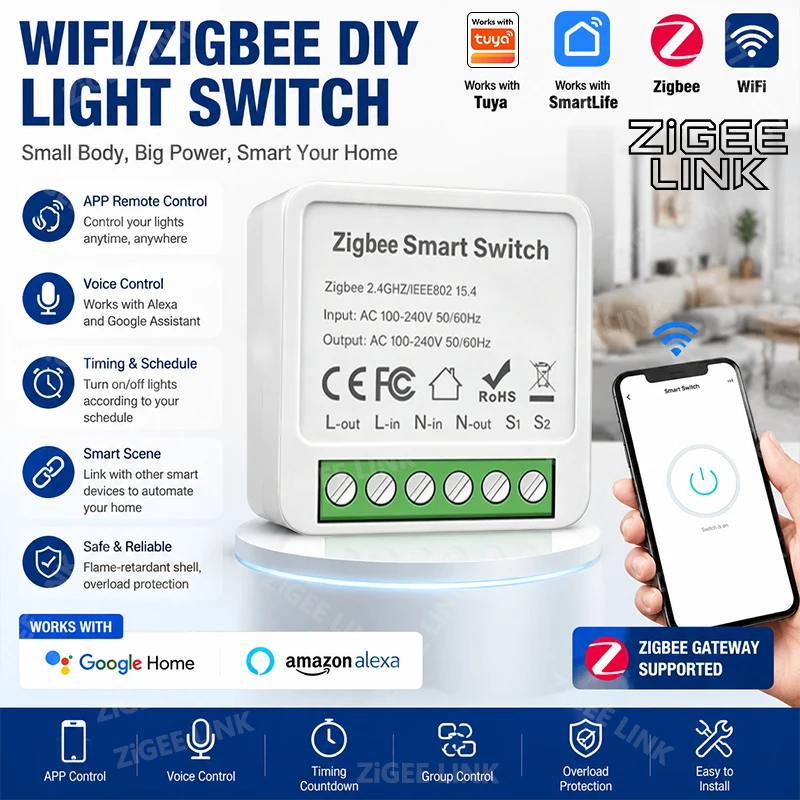 Zigbee Smart Interruptor WiFi Relay Switch 2-Way Wireless Timing Control Module Work With Alexa Google Smart Household System