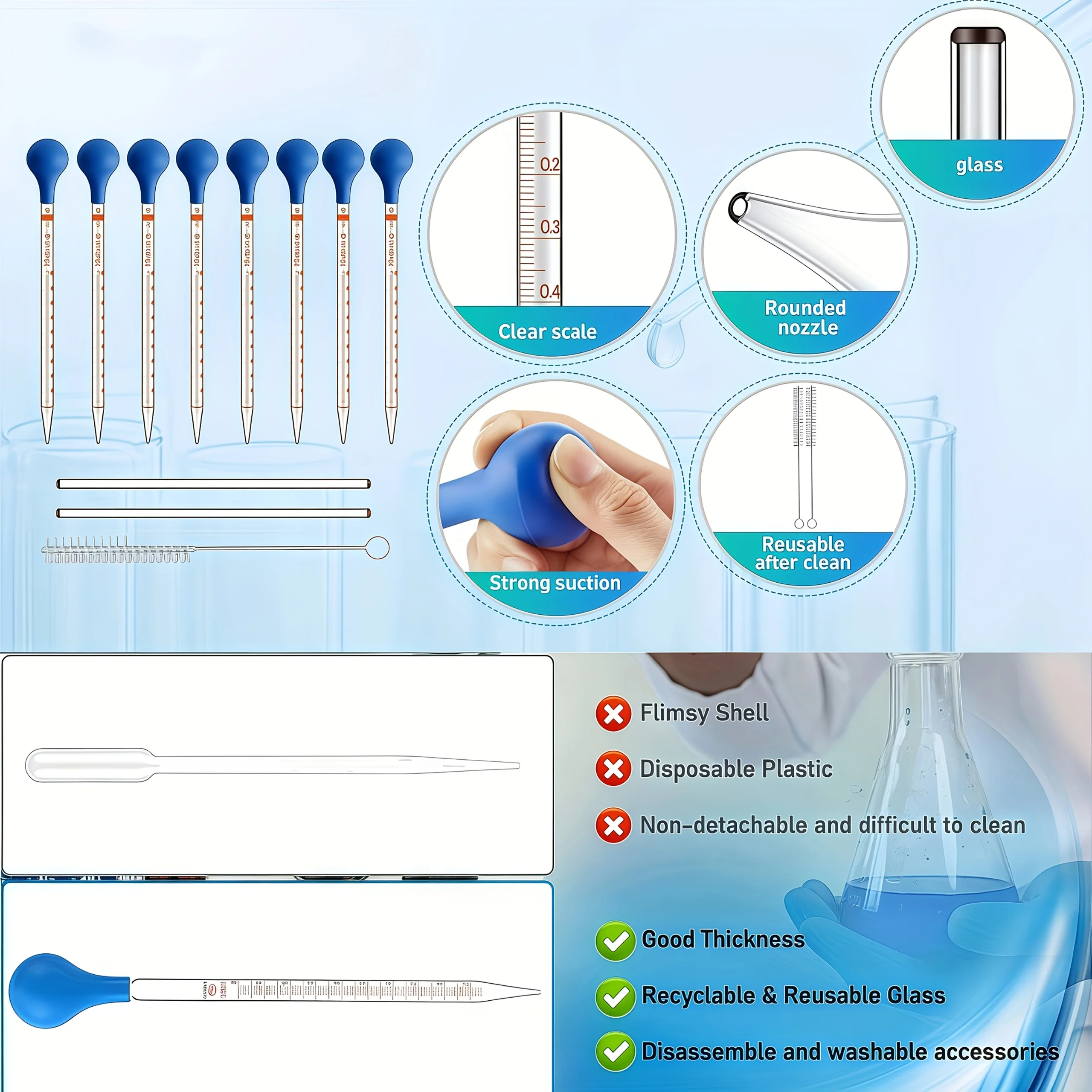 3PCS/5PCS Glass Pipette Dropper, 10ml Liquid Dropper with Stirring Rod and Cleaning Brush, Rubber Light Bulb and Cleaning Brush,