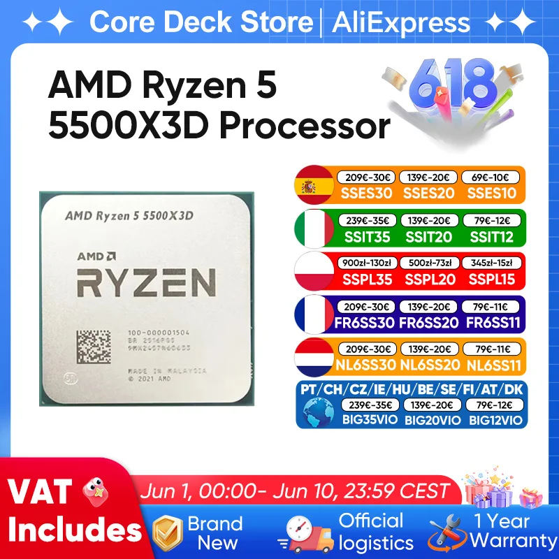 Processeur AMD Ryzen 5 5500X3D 6 cœurs 12 threads 96 Mo 105 W Socket AM4 Zen3 7 nm Fréquence d'accélération 4,0 GHz Sans ventilateur Ryzen 5500X3D Série 5000 Processeur PCIe 4.0 Compatible avec les