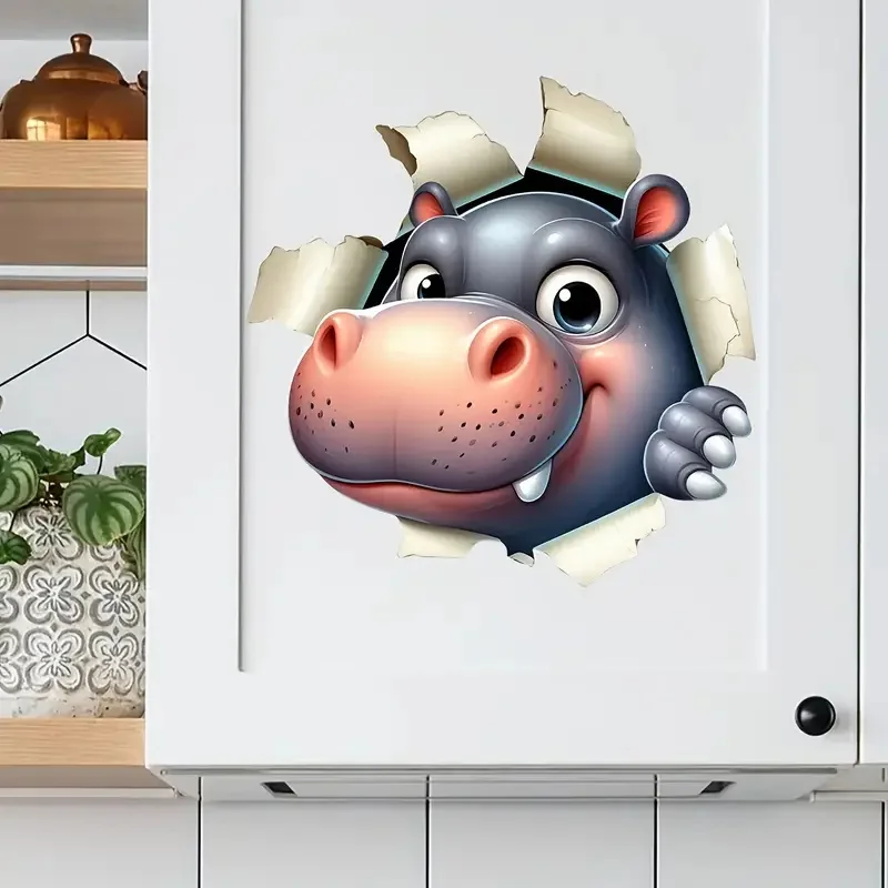 Whimsical Hippo Peeking Crack Decal - Playful 3D Animal Wall Sticker for Toilet Lid, Bathroom Decor