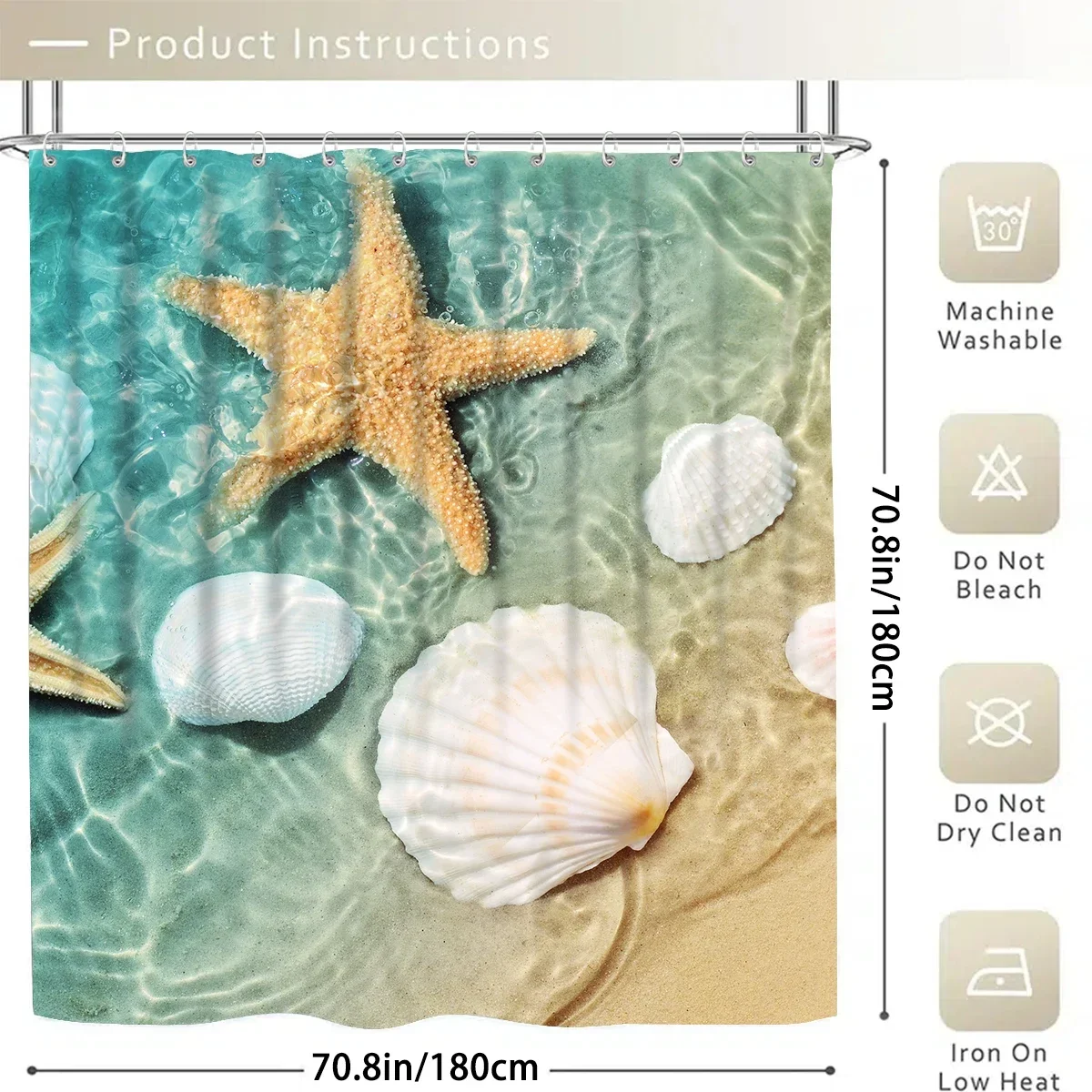 Starfish and Shell Bathroom 4-piece Set, Including Shower Curtain + Anti-slip Mat + Toilet Cover, Summer Ocean Atmosphere