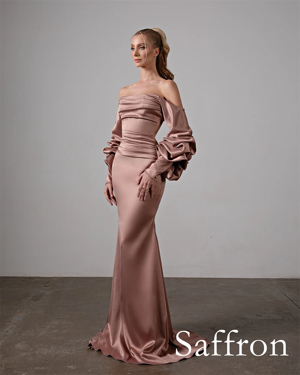 Personalizado requintado fora do ombro mangas puff vestido de noite delicado zíper voltar vestido de festa moda sereia vestido de baile