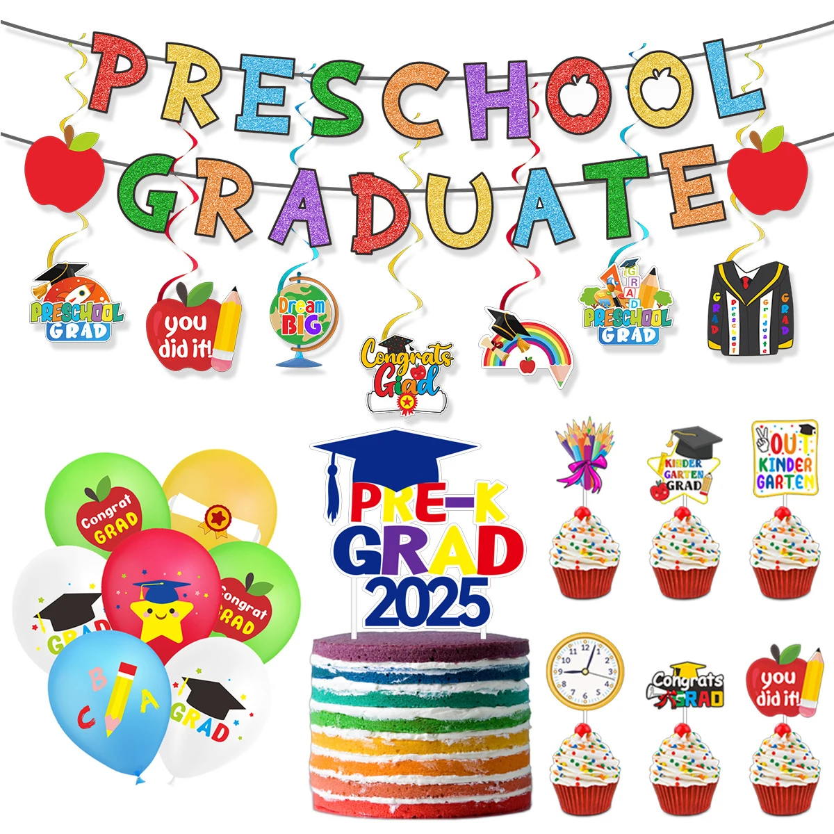 Cartoon Preschool Graduate Theme Banner Cupcake Toppers Swirl Hanging Balloons for 2025 Kindergarten Graduation Party Decoration