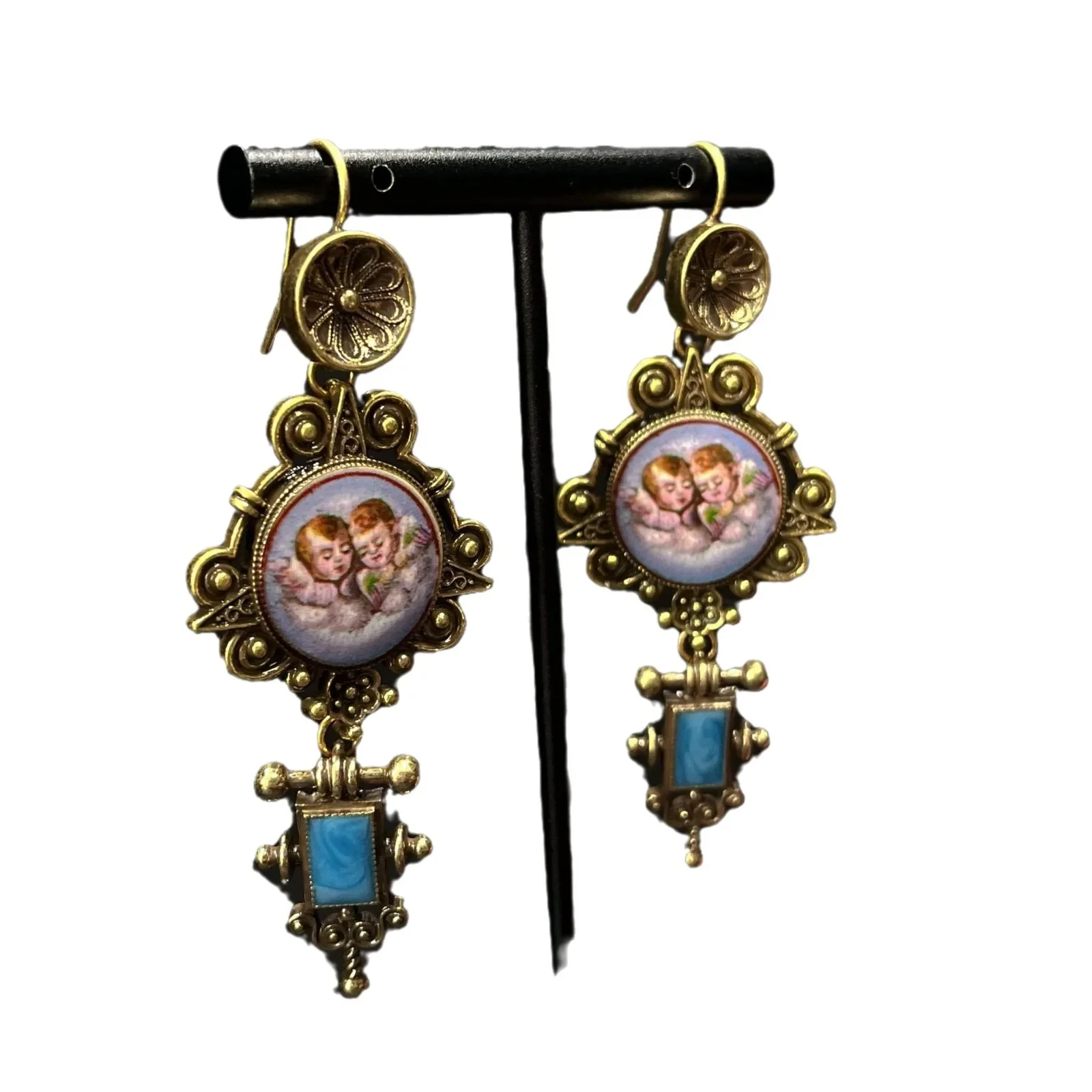 Retro Vintage Western Antique Palace Retro Angel Earrings Heavy Work Old European Exaggerated Earrings