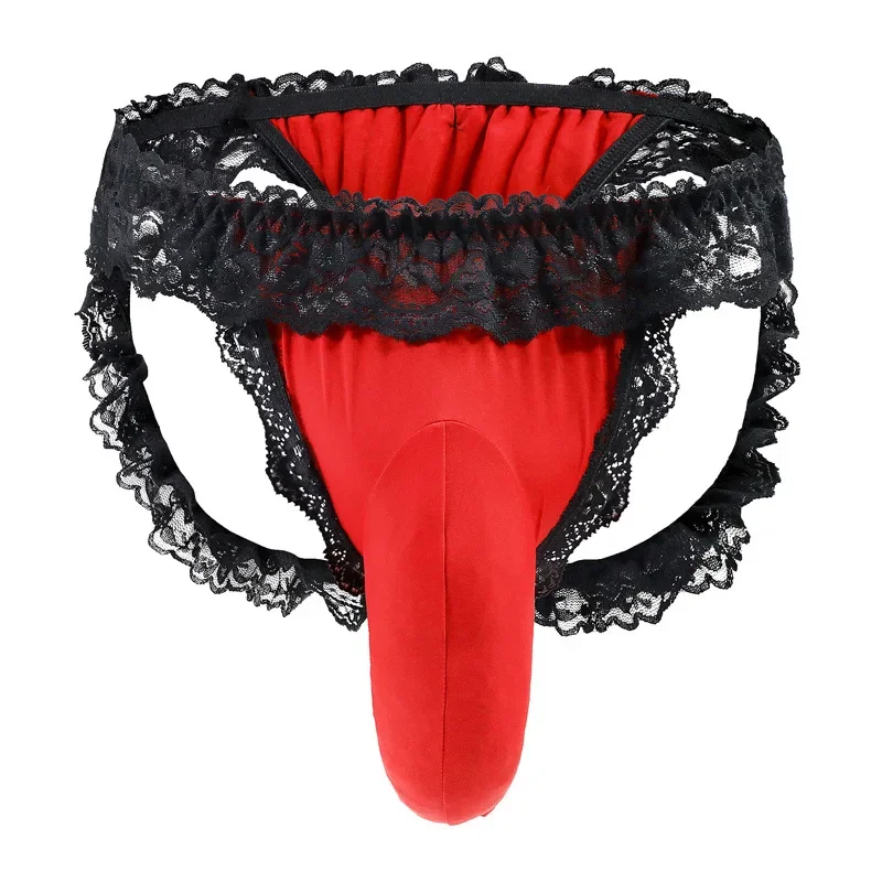 Men's Erotic T Back Thongs Lace Ruffled Open Buttocks Jockstrap Sissy Sex U Convex Pouch Hollow Underpants Crossdressing Mankini