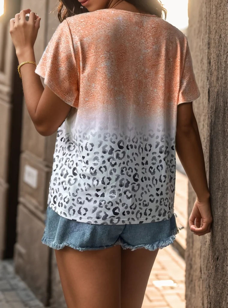 2024plus Size Short sleeved T-shirt women\'s casual European and American style V-neck gradually changing color short sleeved top