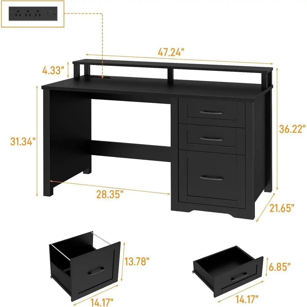 مكتب تنفيذي بذراع مقاس 47 بوصة مع حامل شاشة وأضواء LED ومنافذ طاقة للمكتب المنزلي والدراسة والكتابة باللون الأسود