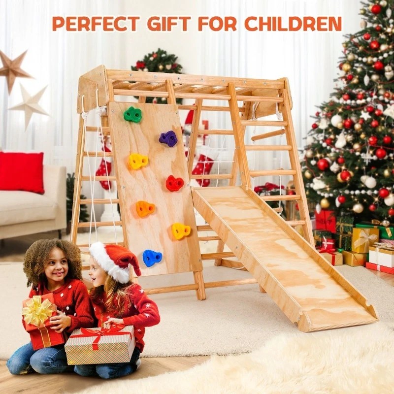 Eco Wooden Indoor Climbing Slide Gym Sensory Play Set Natural Solid Toddler Activity Center for Baby Boy Girl Home Playroom
