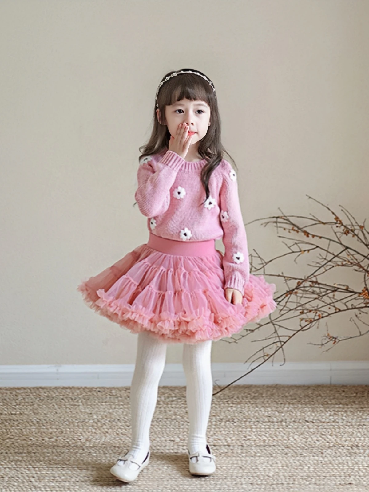 New Nordic Style 2026 Autumn Winter New Arrival Girls Baby Pink Hand-embroidered Knit Crew Neck Top, Minimalist and Premium