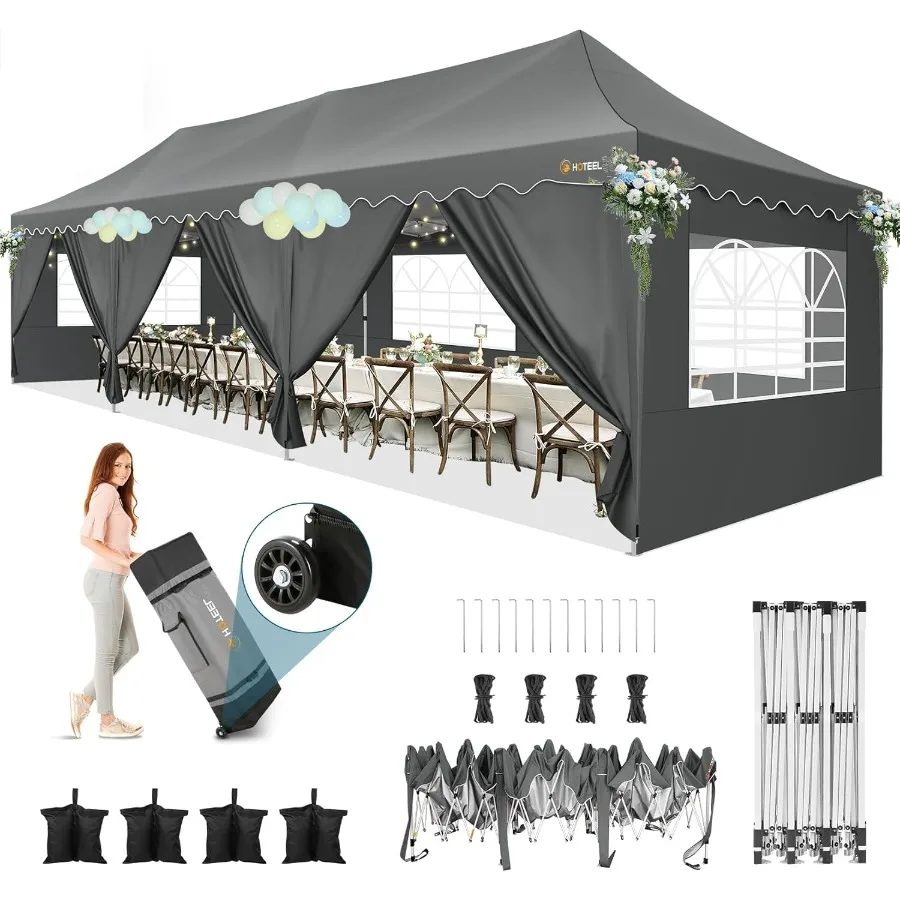 

Всплывающий навес 10x30 с 8 боковыми стенками. Простая установка палатки для вечеринок с грузовыми сумками. Сумка на колесиках. Водонепроницаемое укрытие для мероприятий с дополнительной крышкой.