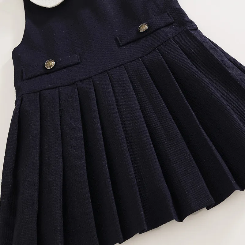 2024 New Baby Girl Doll Neck Sleeveless Pleated Dress Round Neck Long Sleeves Girl Coat Top Preppy Style Children Matching Set