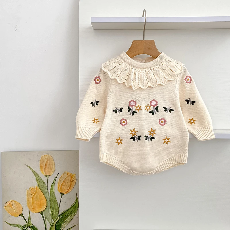 

Осенние комбинезоны для маленьких девочек, хлопковый вязаный комбинезон с рюшами на воротнике, боди для маленьких девочек, вязаная вышивка, наряды принцессы для маленьких девочек ﻿