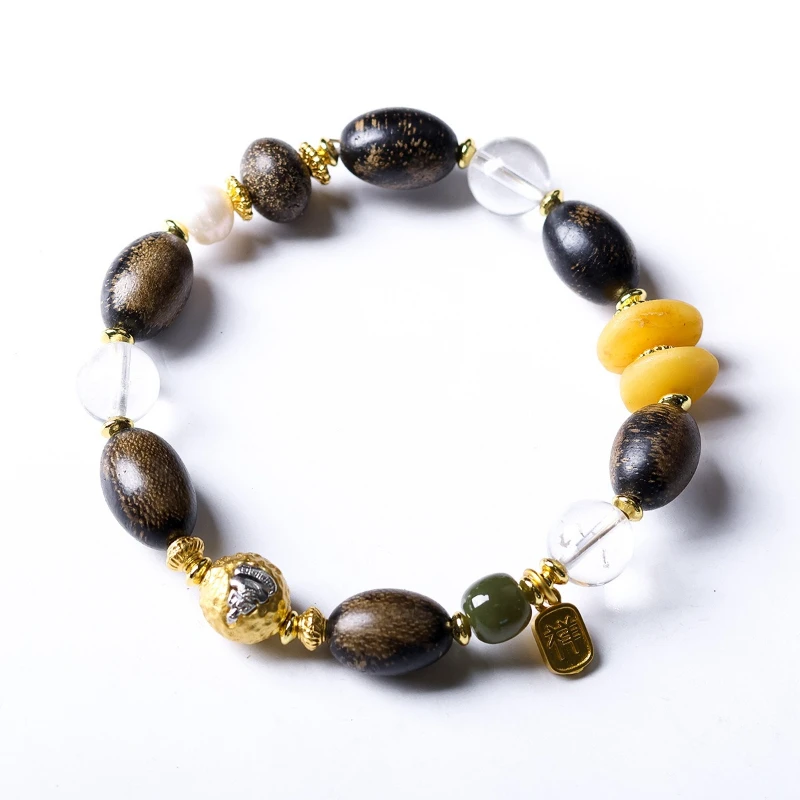 Natural White Crystal with Agarwood Bracelet Wen Play Beeswax Cake Non-phase Bergamot String Women
