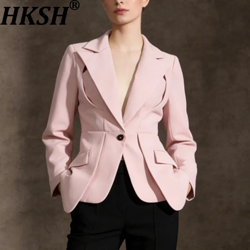 

HKSH Spring Autumn New Women Blazer Back Hollow Out Waist Cinching Slim Fit Solid Color French Elegant Fashion Tide Coat HK17101