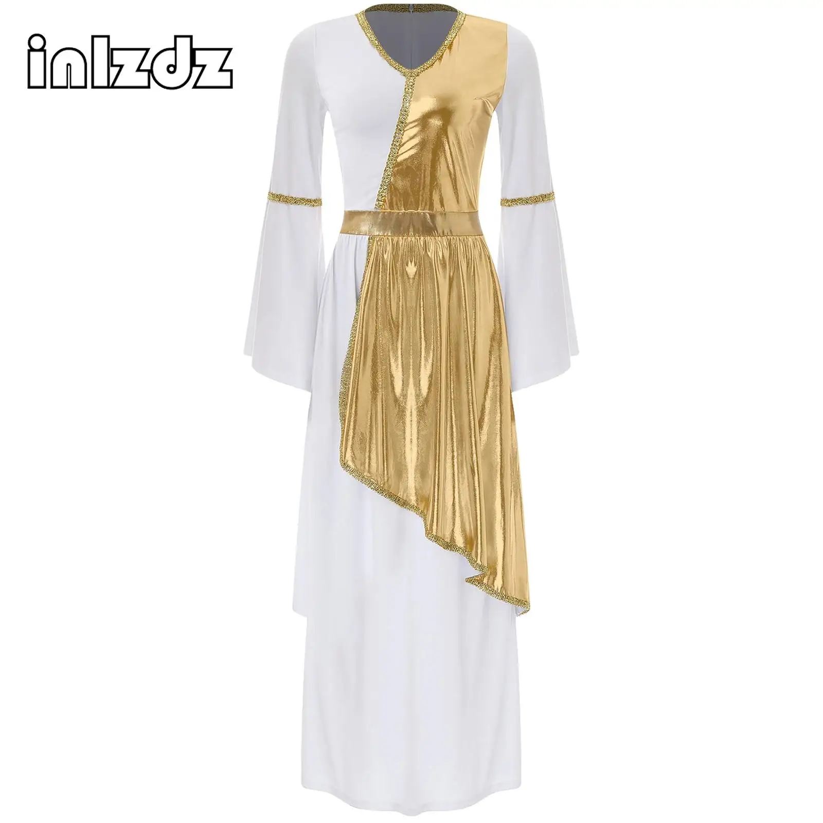 Womens Ancient Greek Toga Costume Halloween Metallic Shiny Flare Sleeve Church Choir Worship Dance Dress Athena Goddesses Robe