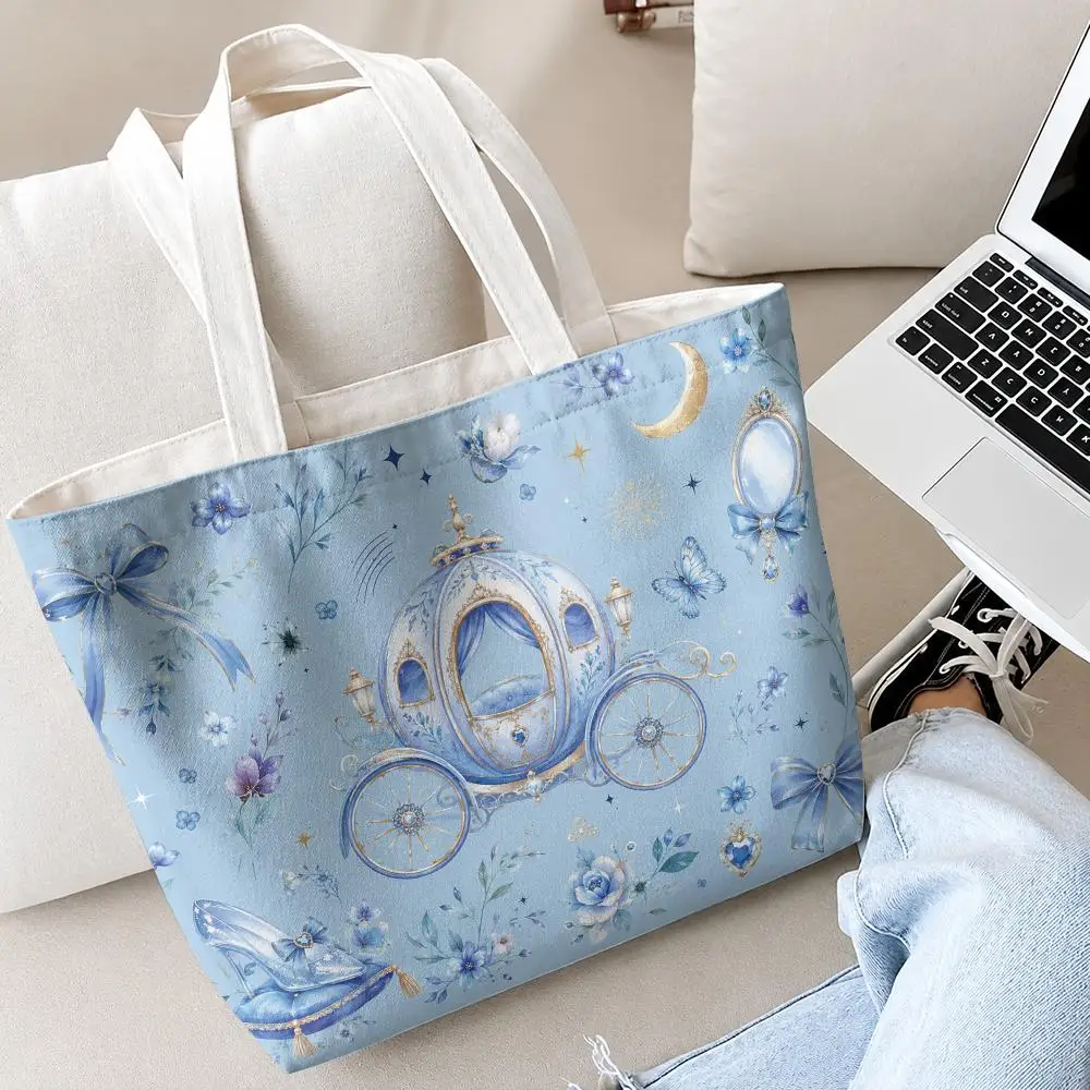 Blue Princess Castle Storage Bags 2-Piece Set Double-Sided Printed Canvas Tote Bags with Zipper Shopping Shoulder Handbags