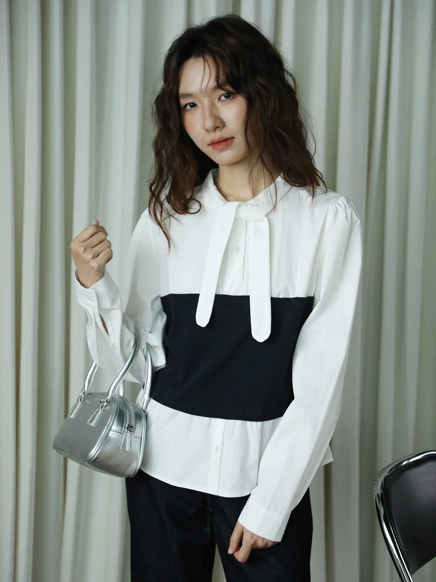 

Korean mat Color Blo Long Sve Loose Women's irt with Belt Slimming Versatile Overhead Cotton Blend Casual Top