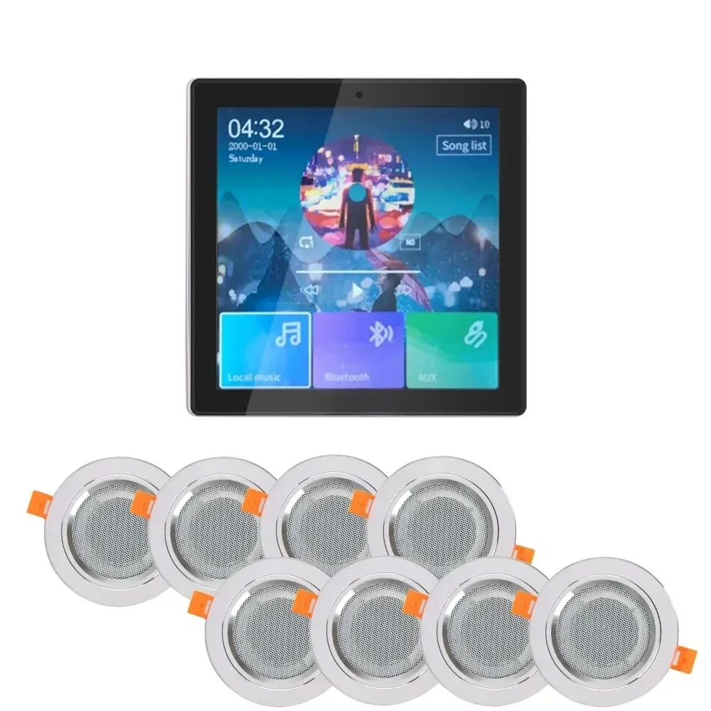 2025Intelligent System 4 Inch Touch Screen Blue-tooth Home Theatre Sound System Wall Amplifier with 8 Stereo Ceiling Speaker Kit