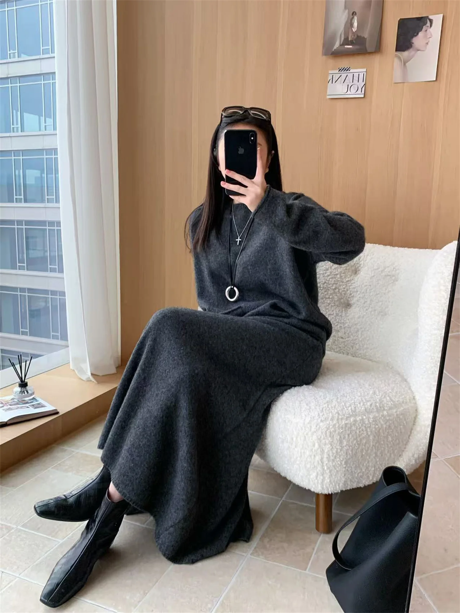 

ay Loose Knitted Woolen Sweater with Elastic Waist Skirt G4 Casual Sle round Ne Mid-Length Casual Faion Women's Knitwear