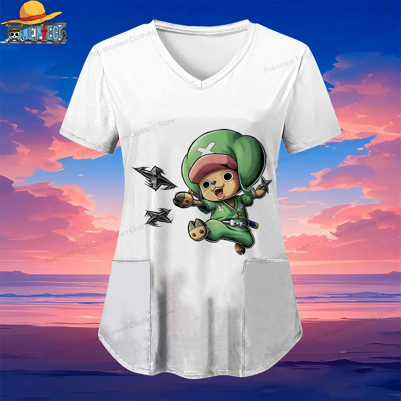 Pocket One Piece Women's V Neck Nurse Uniform T-Shirt Y2k Summer S-2XL Anime 2024 Woman Clothing Luffy Top Short Sleeve Tee 2024