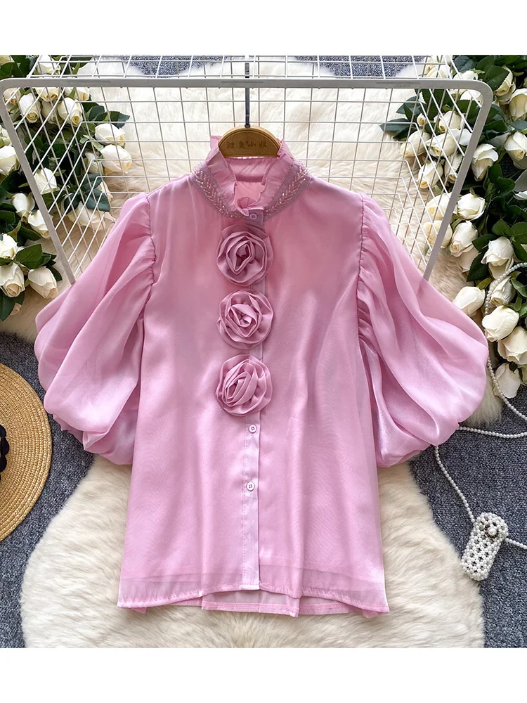 

Women‘s Summer Shirt New French Fashion Embroidered Bead Stand Up Collar Lantern Sleeves Flower Single Breasted Shirt Top BL142