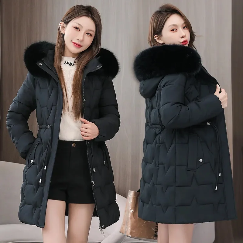 Chaqueta acolchada de algodón para mujer, abrigo largo de alta gama con cuello de piel grande, moda coreana, invierno, novedad de 2024