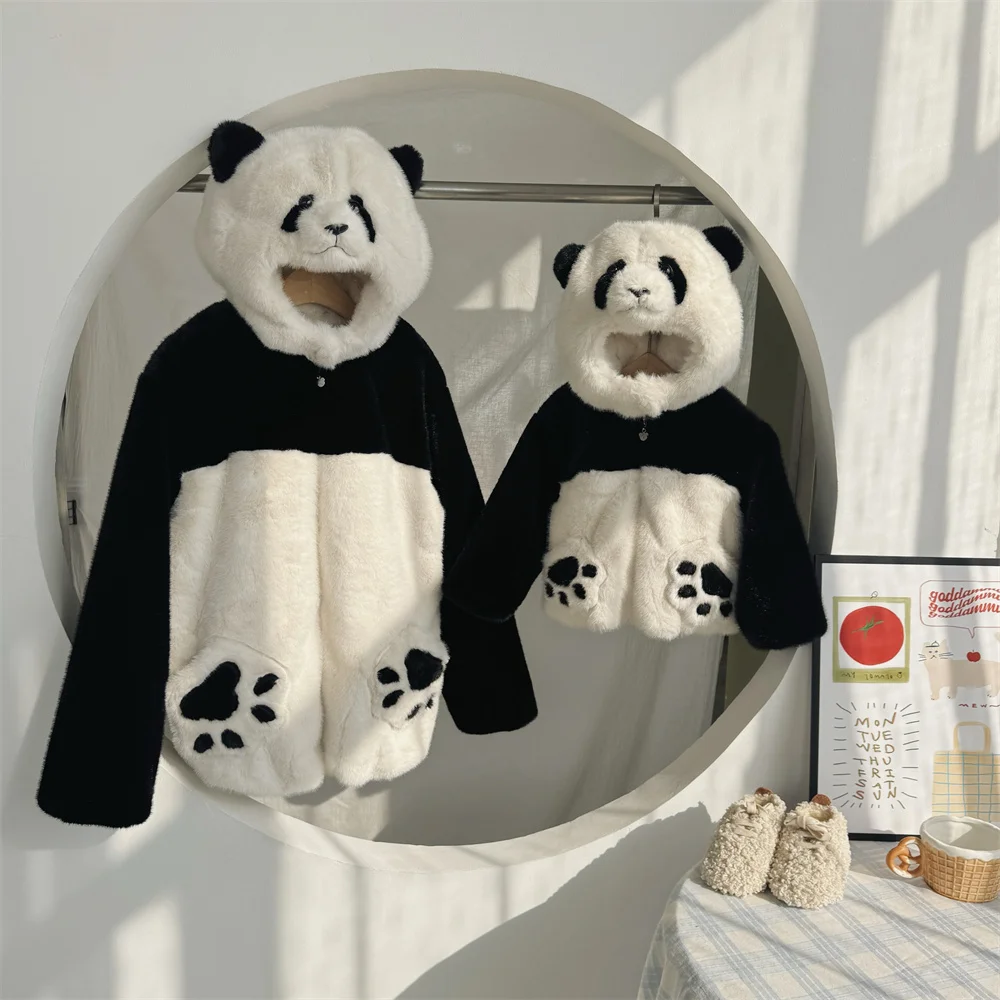 

Parent's High-End Jacket Family Clothes Thick Panda Fur Parent Floral Spring Design Winter Coat