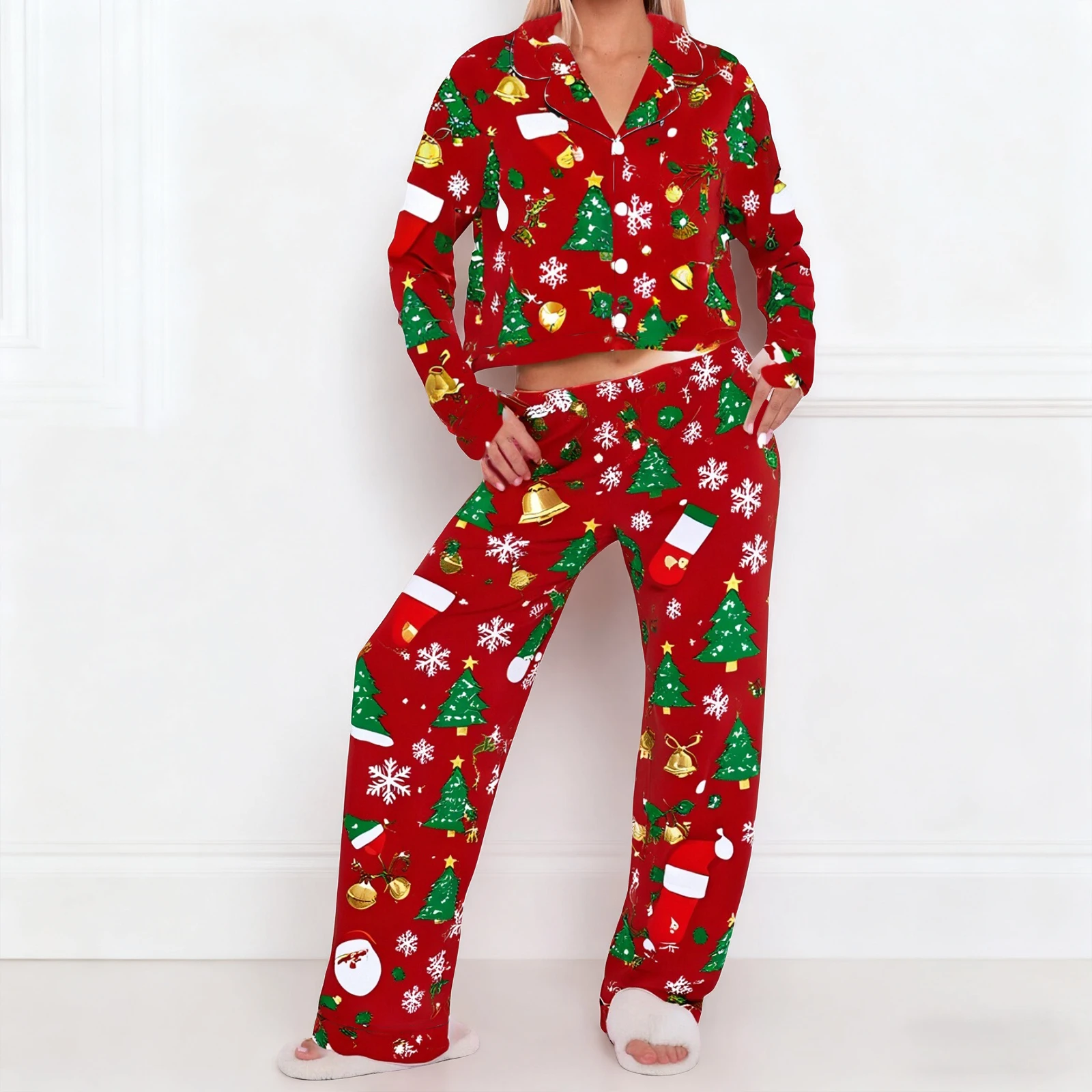 

Christmas Women Tree Pajama Set Printed Long Sleeve Button-up Tops and Elastic Waist Pants 2 Piece Sleepwear Outfit