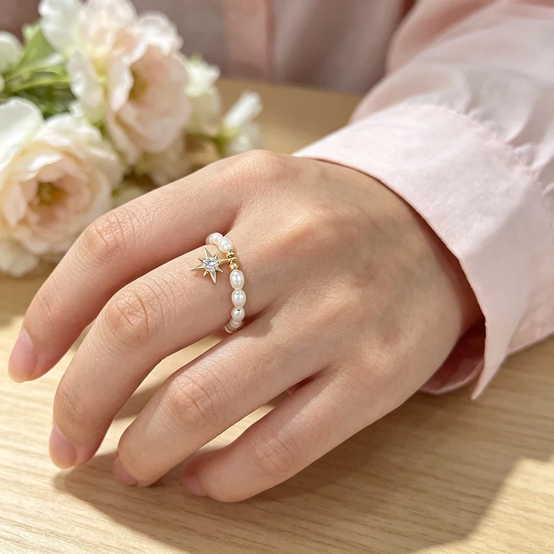 Baroque Pearl Ring with Irregular Shape, Elastic Band, Natural Freshwater Four-Pointed Star Pendant