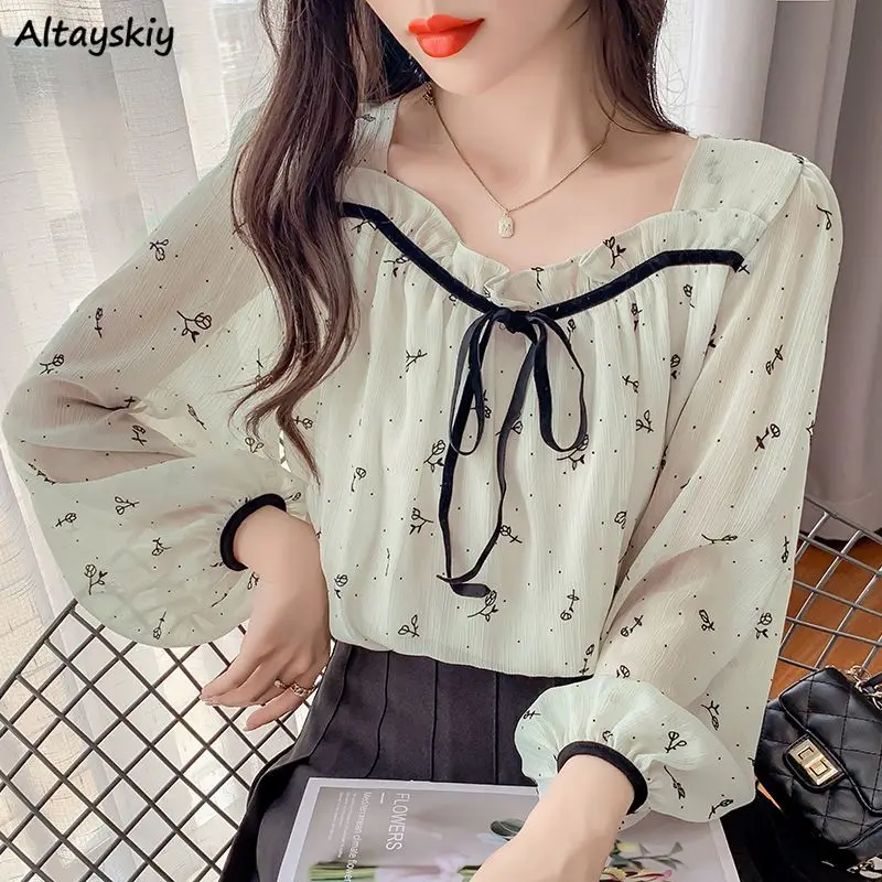 Blouses Women Summer Floral Printed Bow Ruffles Loose Casual Tops Elegant Temper All-match Aesthetic Sweet Square Collar Mujer