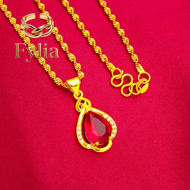 

Fylia Jewelry 24K Gold Red Drop Necklace AU999 Pure Gold, warm gold chain paired with natural ruby drop, simple yet elegant fo