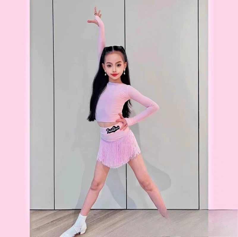 Girls' New Autumn and Winter High Necked Long Sleeved Denim Samba Bullfighting Cha Cha Rumba Training Clothes Tassel Skirt Set