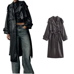 PB&ZA2024 early autumn new women's fashion casual black loose long with belt PU imitation leather windbreaker jacket