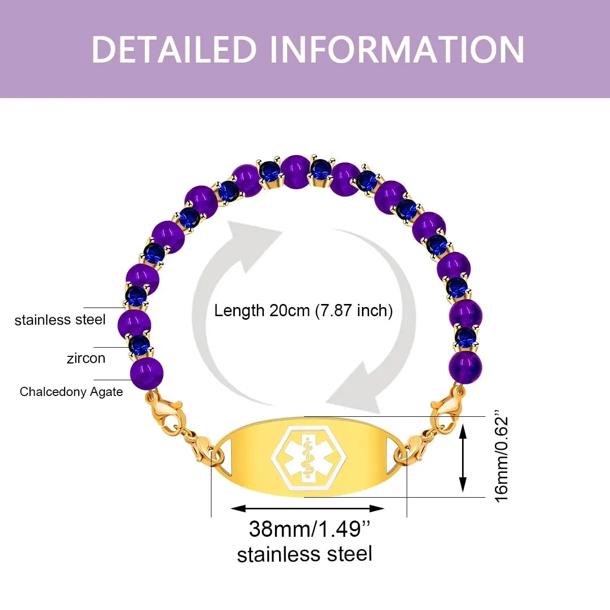 Uloveido Personalisiertes medizinisches Alarm-ID-Armband mit Geburtsstein, lila Achat und Zirkonia-Perlenarmbändern für Damen Y3909