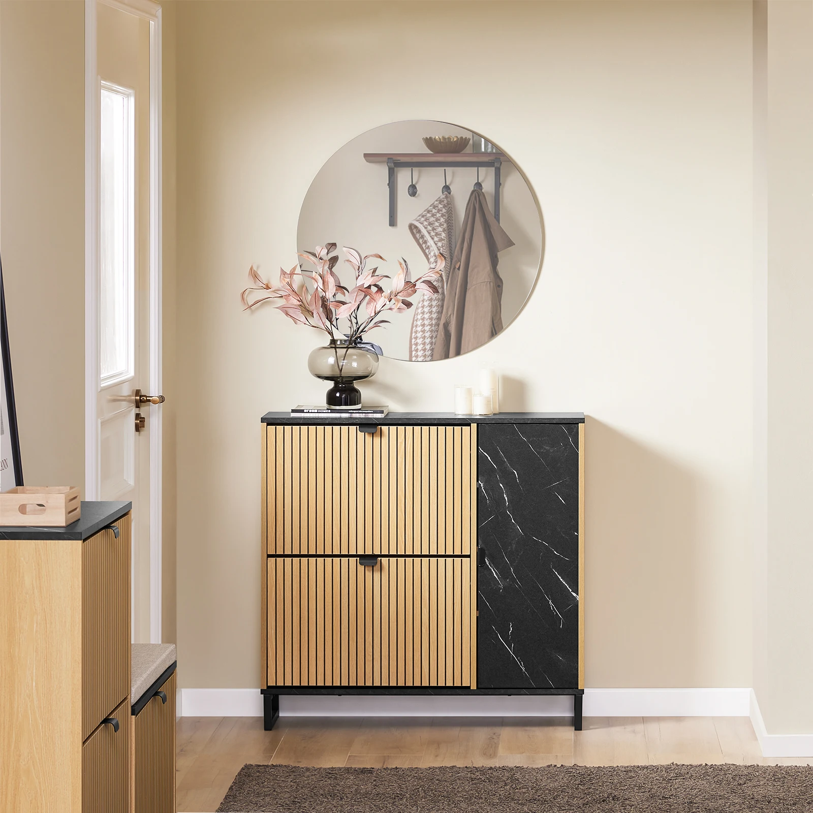 SoBuy FSR203-N Zapatero Entrada Recibidor Estrecho con Cajones Abatibles y Armario Lateral, Mueble Recibidor Estilo Nórdico, Ahorra Espacio - Negro y Roble Claro, 90x24x88cm, Carga 60KG