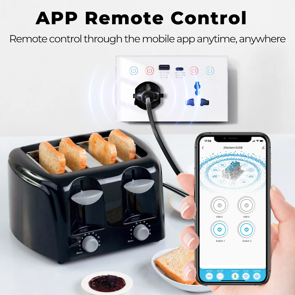 Tomada de Parede Inteligente Tuya WiF USB, Tomada 4-em 1, Tomada Elétrica Universal, Interruptor de Toque 13A, Carregamento Sem Fio para Alexa e Google