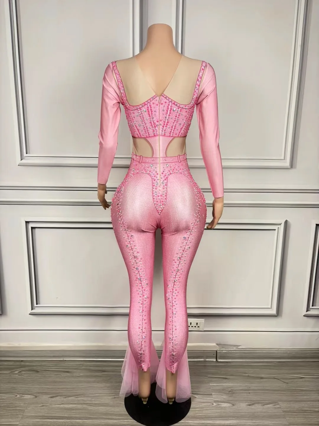 2024 New Designed Pink Rhinestones Long Sleeves Jumpsuit Birthday Celebrate Stretch Bodysuit Costume Singer\'s outfit niuzai