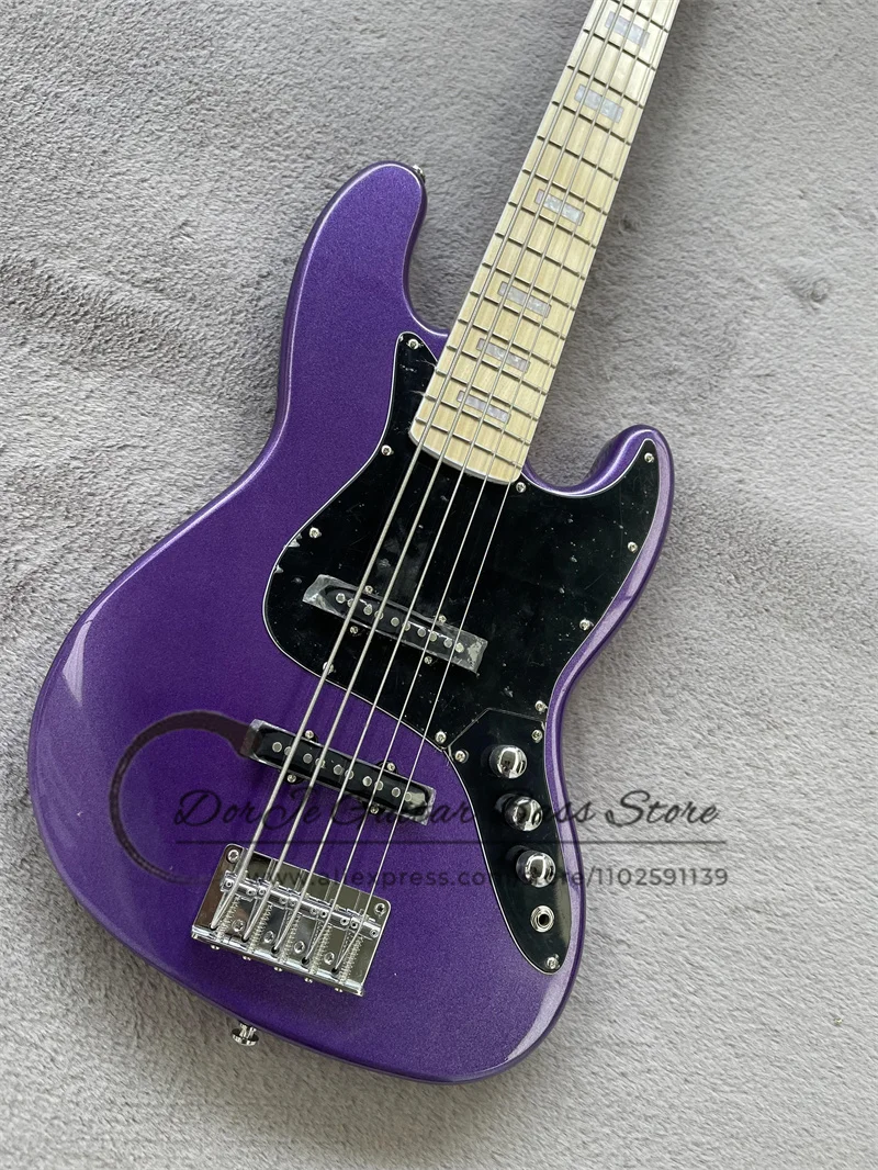 5 Strings Purple Bass Guitar basswood Body Maple Fingerboard Fixed Bridge Black Pickguard 21 Frets