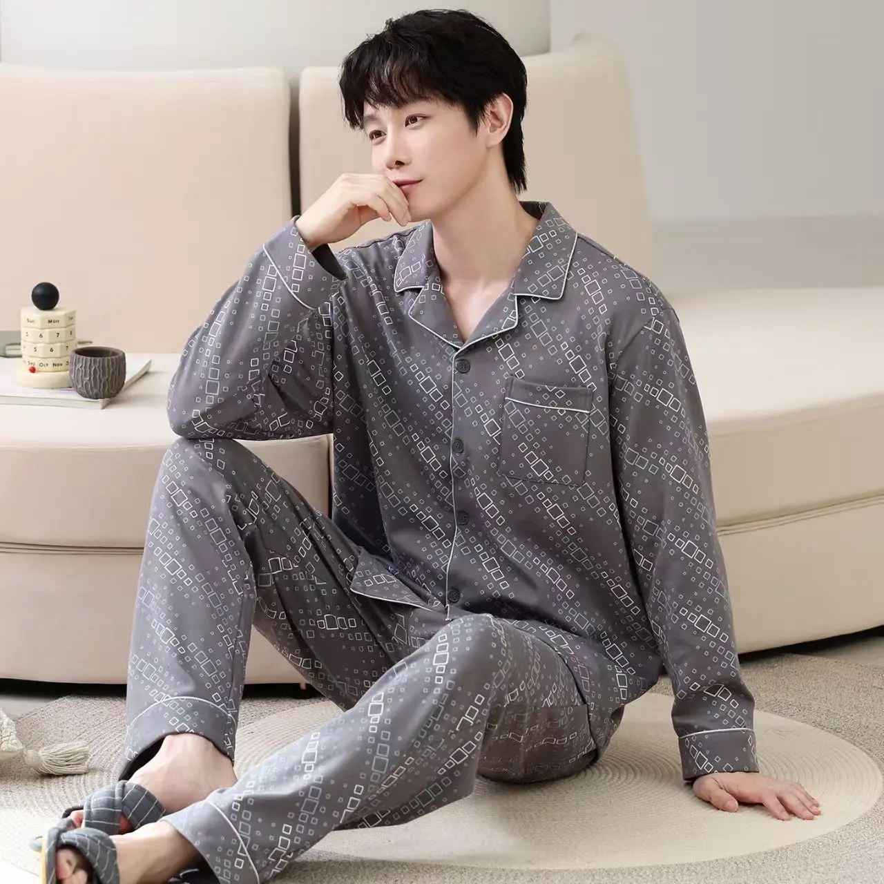 

Высококачественная пижама в повседневном стиле, новый весенне-осенний мужской повседневный кардиган с длинными рукавами, простой и можно носить на улице, комплект одежды для дома
