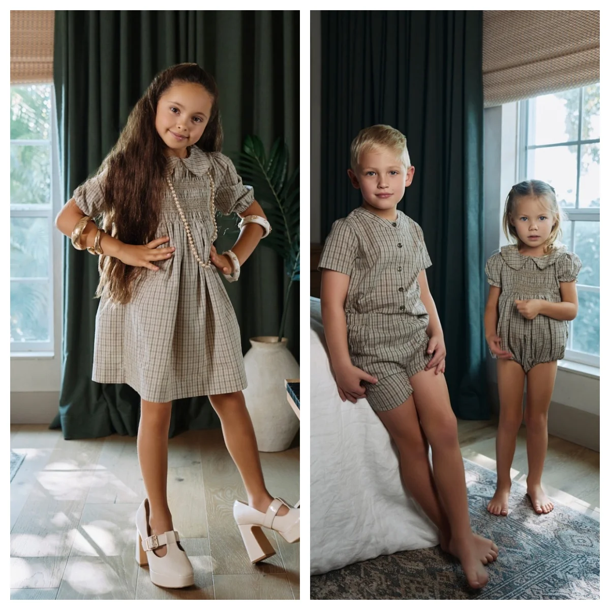 

Комплект одежды для всей семьи: платье для девочек и вязаные вещи для мальчиков в стиле SS26 Heritage Collection, коричневое, в клетку, с эффектом смокинга.