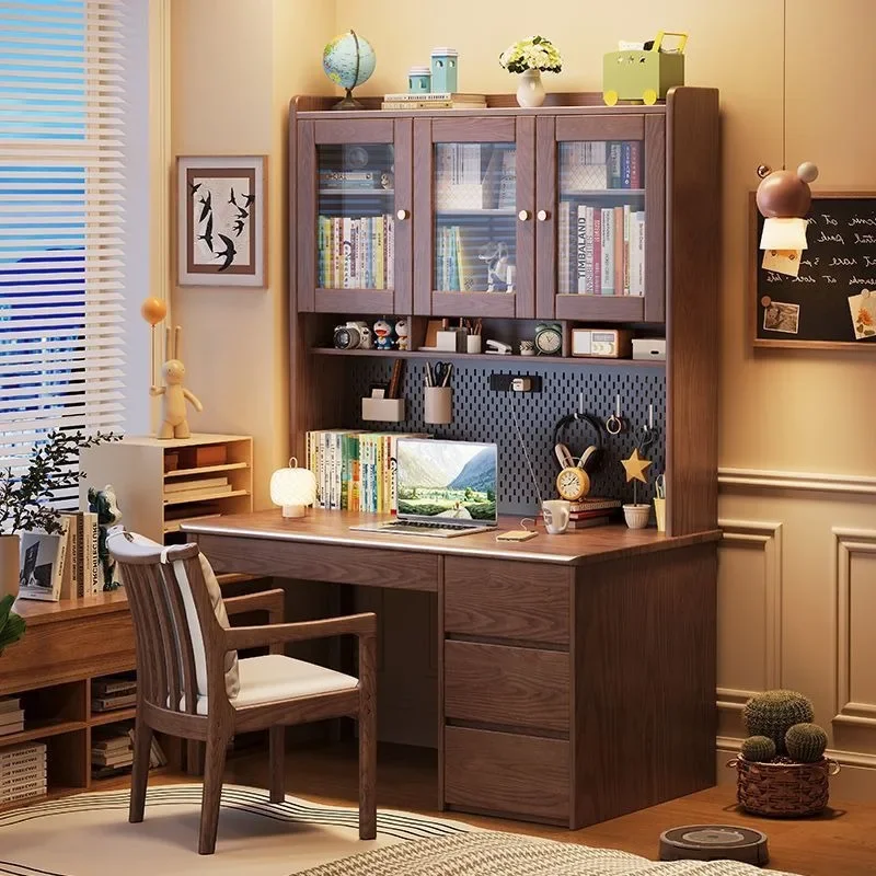 Solid wood embossed desk bookshelf integrated desk household computer desk large capacity storage student writing study table