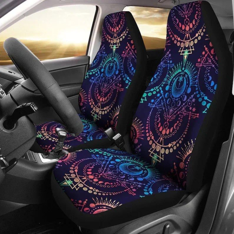 Colorful Navy Spiritual Moon Symbols Car Seat Covers Pair 2 Front Seat Covers Car Seat Protector Car Accessories