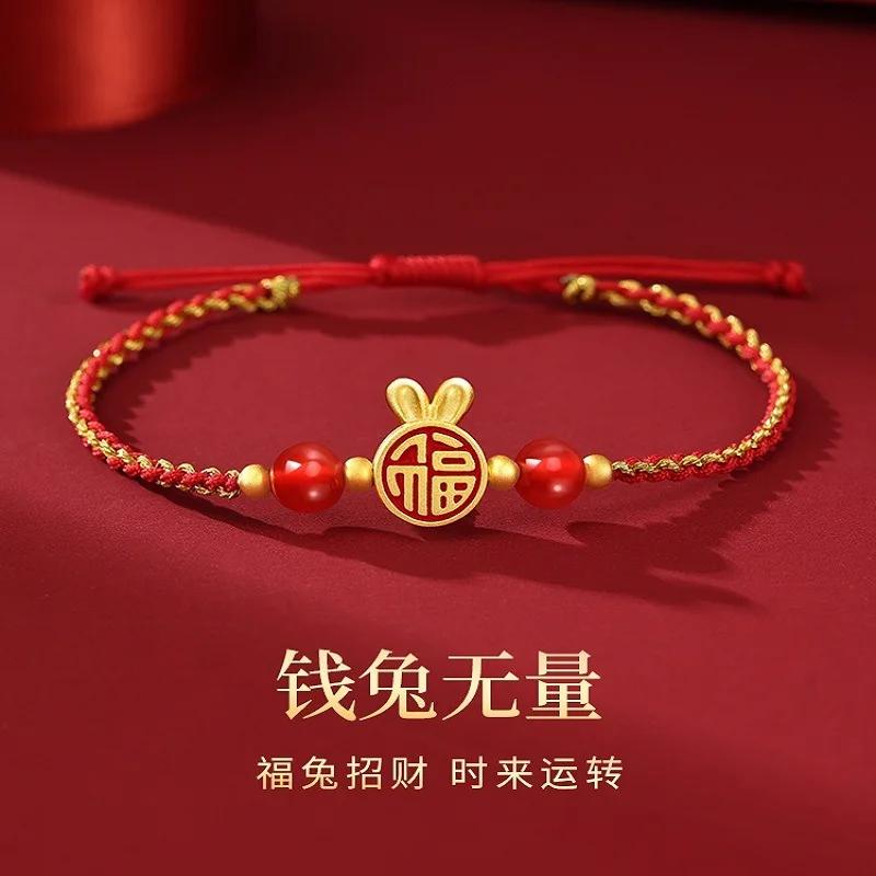 

Lucky Red Rope Rabbit Bracelet Female Rabbit Year Gift Red Onyx Hand Rope Sand Gold Handmade Simple Red Rope Girlfriend Gift