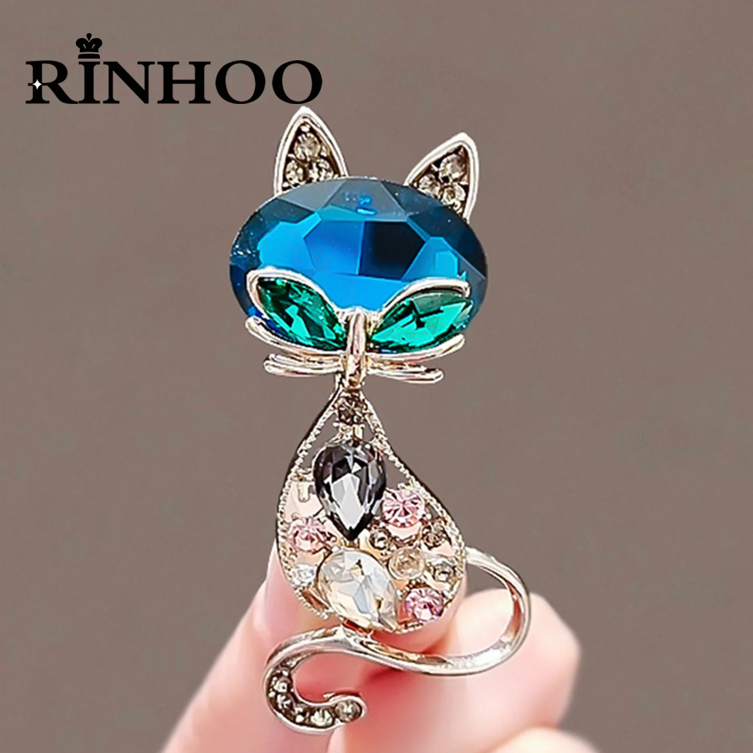 Rinhoo elegancka broszka dla kota z kryształu górskiego dla kobiet kreskówka urocza plecak z nadrukiem zwierząt plakietka zabawna kociak ubrania kołnierz przypinki na klapę biżuteria