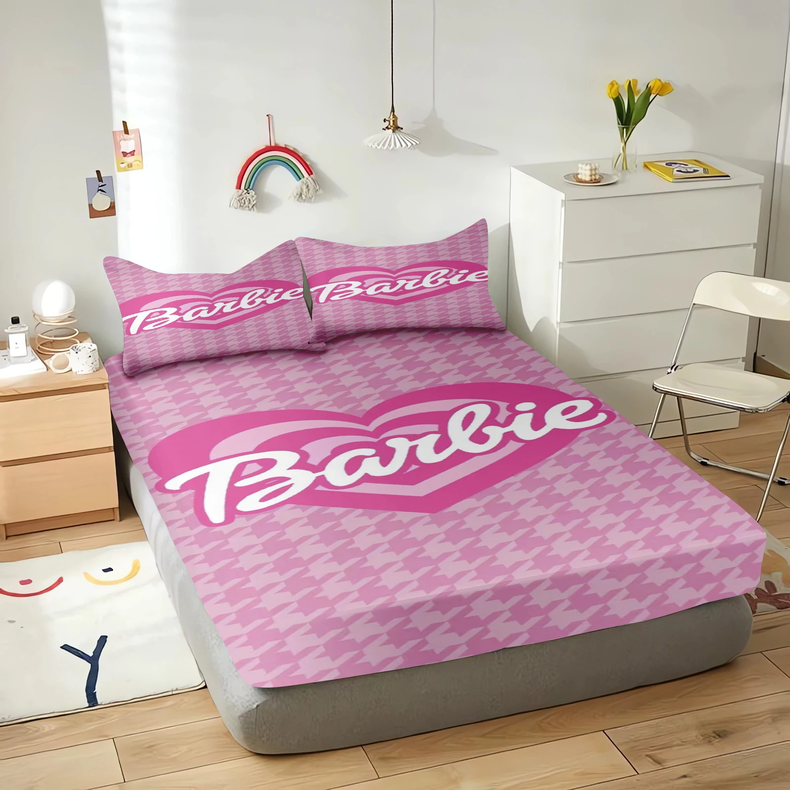 Lenzuola con angoli Barbie Cartoon Stampa 3D Set di federe per camera da letto per bambini carini ​ Biancheria da letto regalo per adulti in