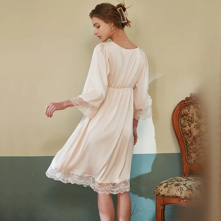 Summer Satin Nightgown Lace Trim Nightwear V-Neck Women Sleepdress With Bowknot Back Elastic Waist Kimono Dressing Gown