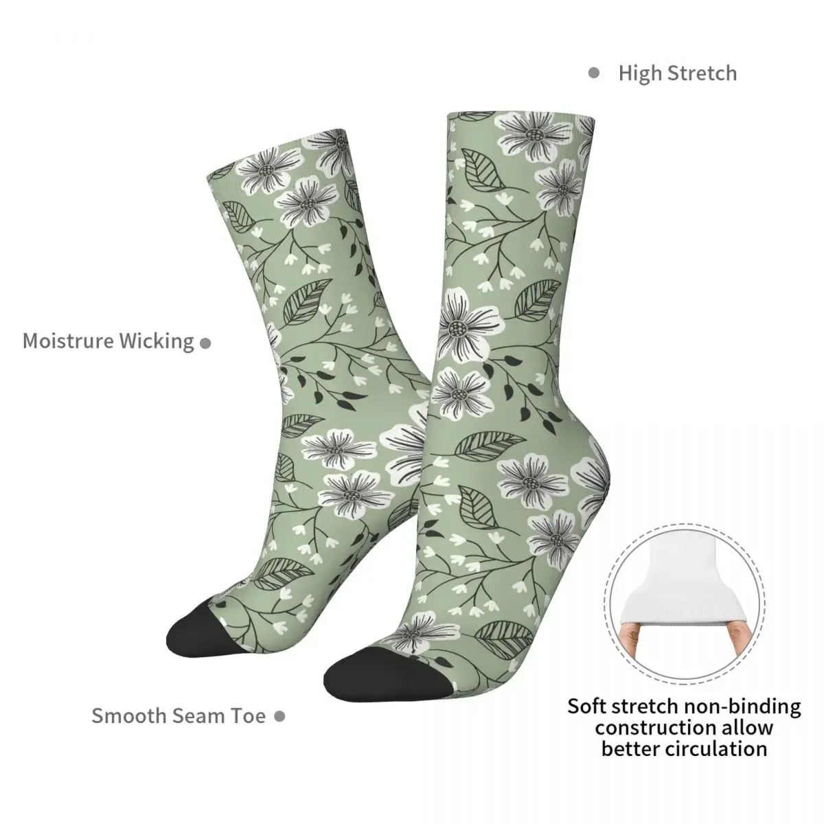 Sage Green Floral Socks Harajuku Sweat Absorbing Stockings All Season Long Socks Accessories for Man's Woman's Birthday Present