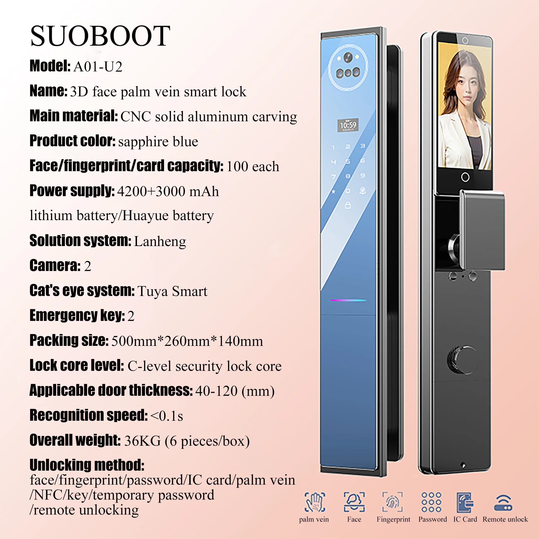 Suoboot Smart Life Video Intercom Smart Door Lock with Face Recognition Fingerprint Password Key A01-U2